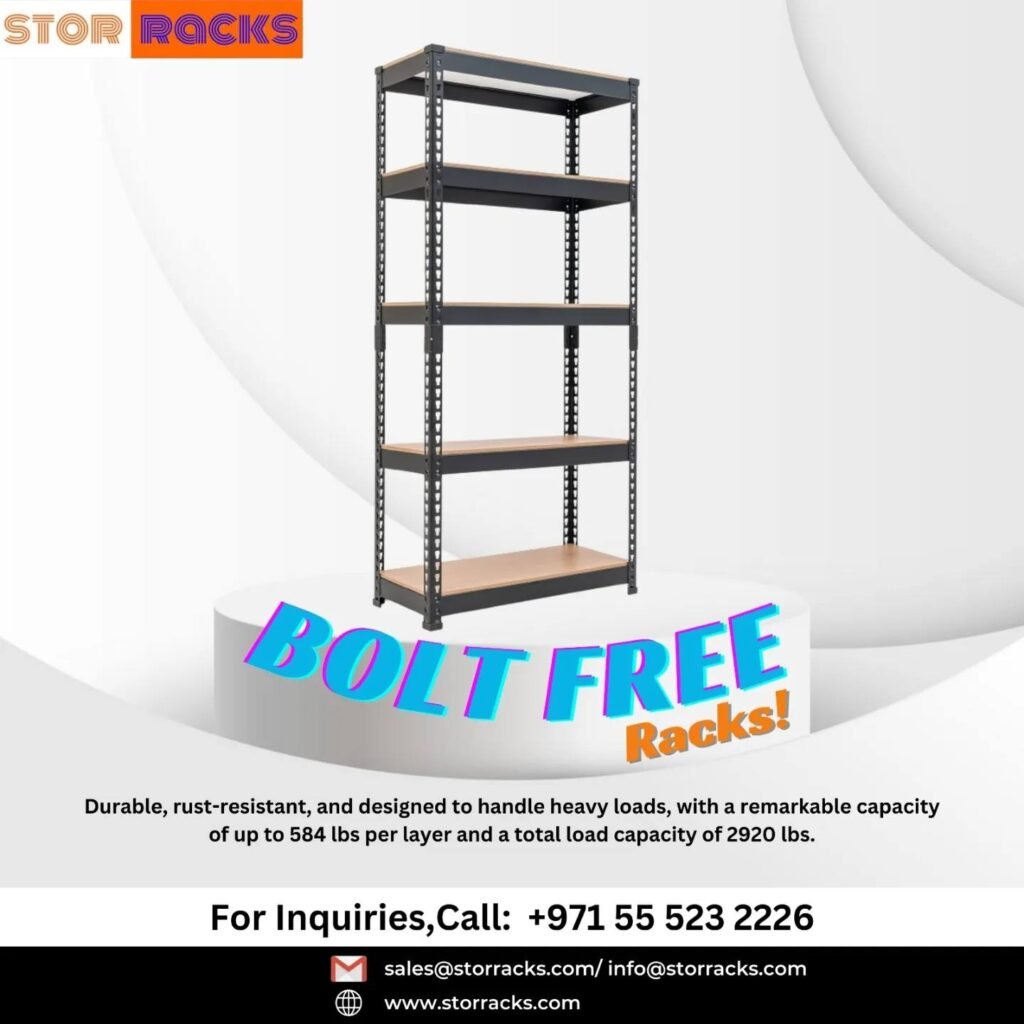 Boltless storage racks in an industrial warehouse