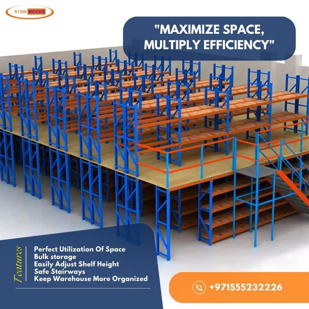 Steel beam mezzanine construction in industrial warehouse