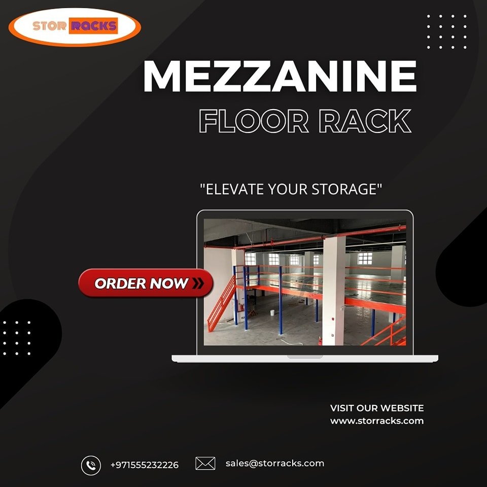 Steel beam mezzanine construction in industrial warehouse