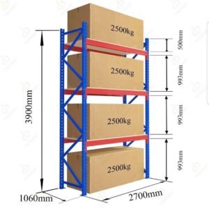 3 Level Heavy Duty Racks and Shelves-Size :Height 3900 mm × Width 1060 mm × Length 2700 mm = 2500 Kg per Level