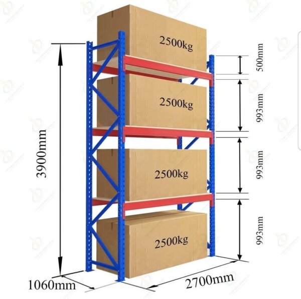 3 Level Heavy Duty Racks and Shelves-Size :Height 3900 mm × Width 1060 mm × Length 2700 mm = 2500 Kg per Level