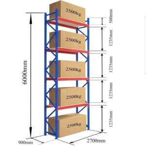 4 Level Heavy Duty Racks and Shelves-Size :Height 6000 mm × Width 900 mm × Length 2700 mm = 2500 Kg per Level