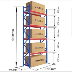 Height 5400 mm × Width 900 mm × Length 2700 mm = 2500 Kg per Level 4 Level Heavy Duty Racks and Shelves-Size :Height 5400 mm × Width 900 mm × Length 2700 mm = 2500 Kg per Level