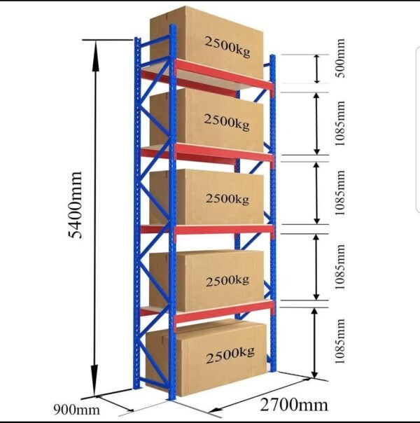 4 Level Heavy Duty Racks and Shelves-Size :Height 5400 mm × Width 900 mm × Length 2700 mm = 2500 Kg per Level