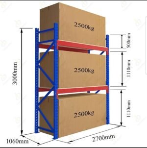 2 Level Heavy Duty Racks and Shelves-Size :Height 3000 mm × Width 1060 mm × Length 2700 mm = 2500 Kg per Level
