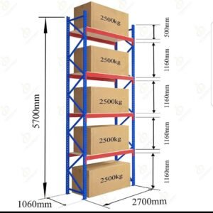 4 Level Heavy Duty Racks and Shelves-Size: Height 5700 mm × Width 1060 mm × Length 2700 mm = 2500 Kg Per Level