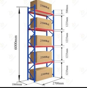 Size: Height 6000 mm × Width 1060 mm × Length 2700 mm = 2500 Kg Per Level 3 Level Heavy Duty Racks and Shelves-Size: Height 6000 mm × Width 1060 mm × Length 2700 mm = 2500 Kg Per Level