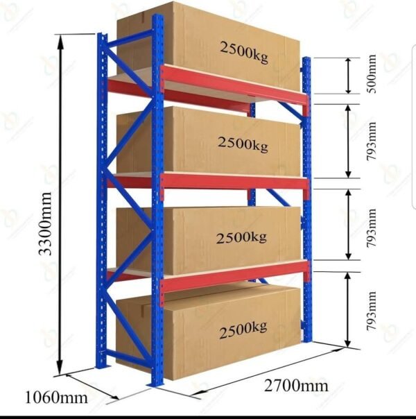 3 Level Heavy Duty Racks and Shelves-Size: Height 3300 mm × Width 1060 mm × Length 2700 mm = 2500 Kg Per Level