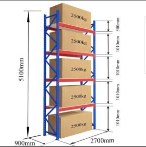 4 Level Heavy Duty Racks and Shelves-Size: Height 5100 mm × Width 900 mm × Length 2700 mm = 2500 Kg Per Level