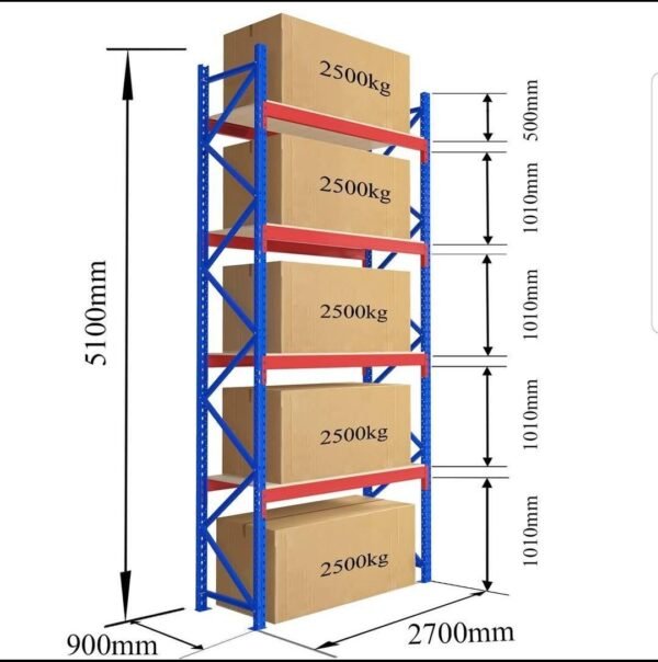 4 Level Heavy Duty Racks and Shelves-Size: Height 5100 mm × Width 900 mm × Length 2700 mm = 2500 Kg Per Level