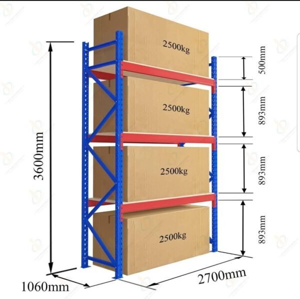 3 Level Heavy Duty Racks and Shelves-Size: Height 3600 mm × Width 1060 mm × Length 2700 mm = 2500 Kg Per Level