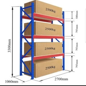 3 Level Heavy Duty Racks and Shelves-Size: Height 3300 mm × Width 1060 mm × Length 2700 mm = 2500 Kg Per Level