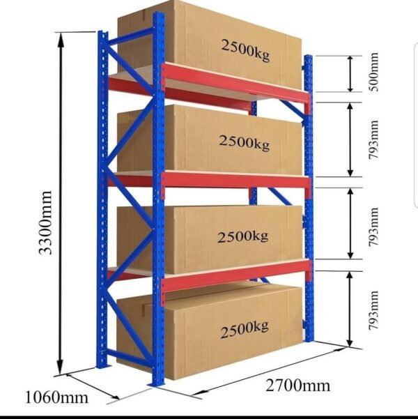 3 Level Heavy Duty Racks and Shelves-Size: Height 3300 mm × Width 1060 mm × Length 2700 mm = 2500 Kg Per Level