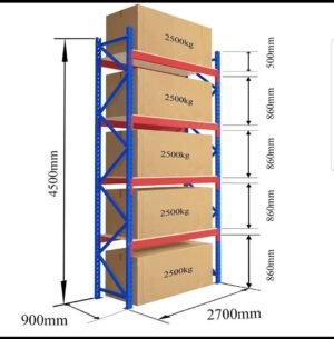 4 Level Heavy Duty Racks and Shelves-Size: Height 4500 mm × Width 900 mm × Length 2700 mm = 2500 Kg Per Level